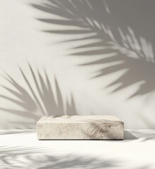 Wall Mural - Marble platform with palm leaf shadows on white background.