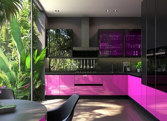 Modern pink kitchen with glass cabinets and garden view.