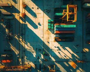 Wall Mural - Aerial view of cargo containers and industrial equipment. AI.