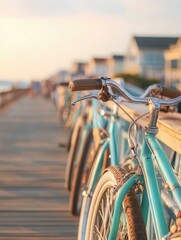 Wall Mural - Bikes lined up on a boardwalk at sunset. AI.