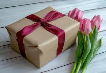 A delicate arrangement of pink tulips paired with a gift box wrapped in brown paper and tied with a string, displayed on a white wooden surface