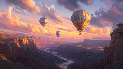 Wall Mural - Whimsical wanderlust vibrant hot air balloons drift over rugged canyon golden hour light vast sky painted in pastel hues adventure awaits below. Wanderlust. Illustration