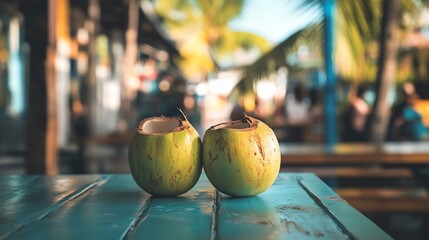 Wall Mural - Two halved coconuts on a table with a blurred background of palm trees and people.