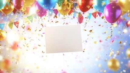 Poster - Blank card surrounded by colorful balloons, confetti, and streamers.