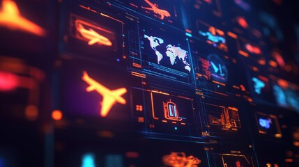 Leinwandbilder - Futuristic digital interface with world map, travel icons, and data streams.