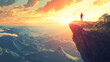 © Thiago - Traveler gazing at scenic sunrise landscape from cliff symbolizing adventure and wanderlust. Wanderlust. Illustration