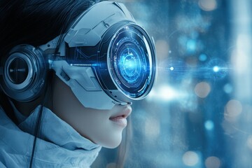 Poster - Futuristic Portrait of a Person Wearing Advanced Virtual Reality Goggles