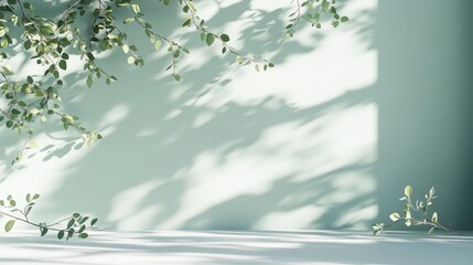 Aufkleber - Green wall with leaf shadows and sunlight on white floor.