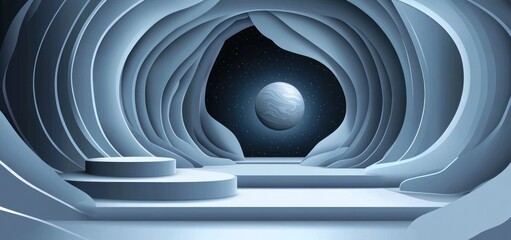 Aufkleber - Abstract futuristic cave interior with a planet view and platforms.