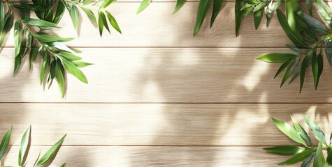Poster - Green leaves frame on light wood background with sun shadows, copy space.