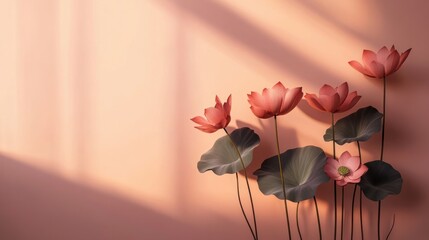 Aufkleber - Pink lotus flowers with leaves against a peach background, illuminated by sunlight.