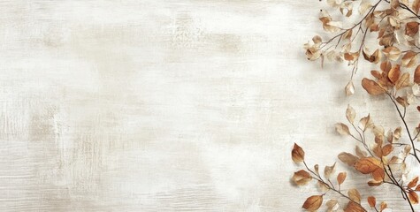 Aufkleber - Dried branches with brown leaves on rustic beige background.
