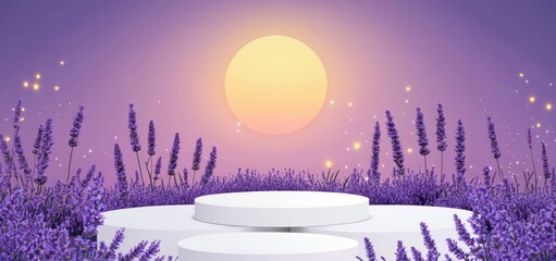 Aufkleber - Lavender field scene with moonlit night and three-tiered white podium.