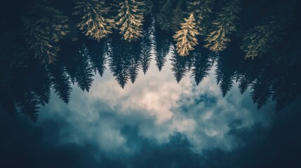 Poster - Upside-down forest reflected in cloudy sky; surreal nature scene.