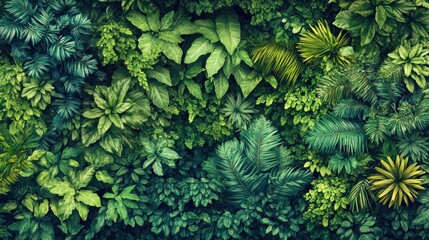 Poster - Lush green foliage wall with various tropical plants.