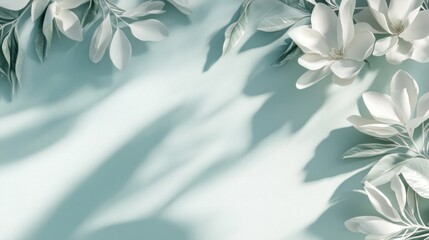 Aufkleber - Flat lay of white magnolia blossoms and leaves on a light teal background with shadows.
