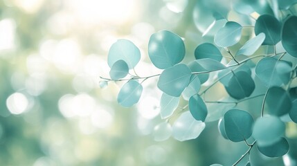 Poster - Close-up of delicate, teal-toned eucalyptus leaves, backlit by soft sunlight, creating a bokeh effect.