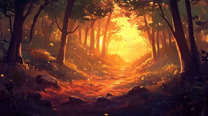 Poster - Sunlit path through autumnal forest, glowing light, leaves, trees, magical.