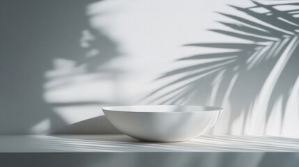 Aufkleber - Empty white bowl on shelf with tropical leaf shadow.