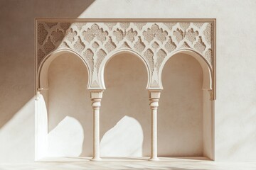 Poster - Elegant triple archway with intricate carvings, cast in soft sunlight against a neutral wall.