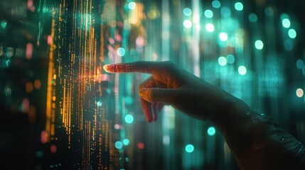 Fototapete - Hand interacting with a futuristic digital interface, glowing lines and bokeh background.