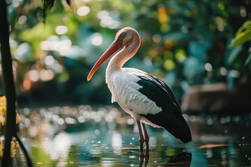 Poster - A painted stork stands in shallow water, its vibrant plumage contrasting with the lush green foliage.