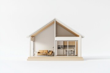 Poster - A cutaway model of a modern house, showcasing the interior layout of a living room and kitchen.