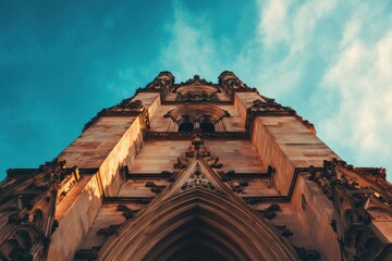 Poster - Low angle view of a tall, ornate stone tower against a vibrant blue sky.
