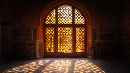 Poster - Ornate arched window with sunlight streaming through intricate latticework, illuminating a dimly lit room with patterned walls.