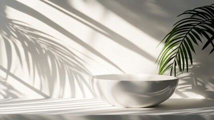 Poster - White bowl on table with palm leaf shadows.