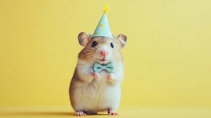 Sticker - Cute hamster wearing a party hat and bow tie against a yellow background.