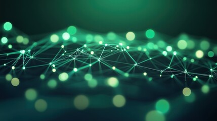 Poster - Abstract green network connection. Glowing nodes and lines forming a digital landscape.