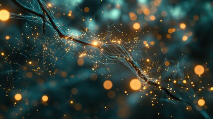 Aufkleber - Abstract glowing teal and gold particles forming a neural network-like structure.