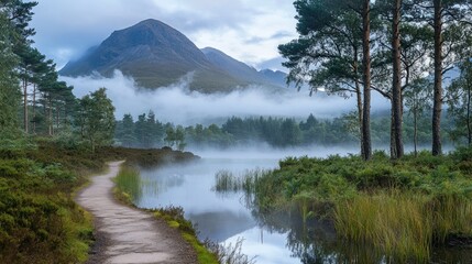Fototapete - Misty morning path by serene lake with mountains in background.