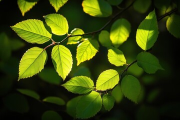 Poster - Bright sunlight illuminating vibrant green leaves on a branch.