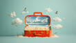 © Thiago - Red suitcase with beach scene on its surface, symbolizing travel and adventure. vibrant colors evoke sense of excitement and wanderlust. Wanderlust. Illustration
