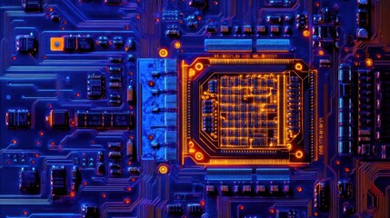 Fototapete - Close-up of a circuit board with a central processor illuminated in orange and blue hues.