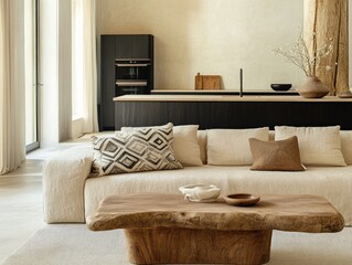 Aufkleber - Modern minimalist living room with beige sofa, wooden coffee table, and kitchen in background.