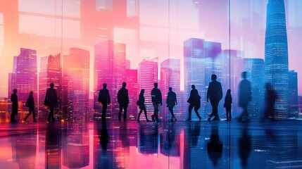 Aufkleber - Silhouetted figures walking in a modern city at sunset, reflected on a shiny floor.