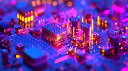 Aufkleber - Close-up of a vibrant, illuminated circuit board, showcasing intricate electronic components and pathways.