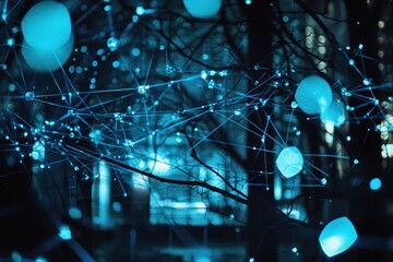 Aufkleber - Abstract nighttime image of glowing network connections overlaying bare tree branches.