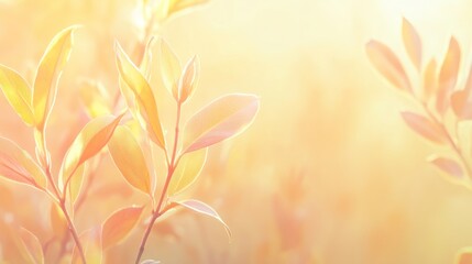 Poster - Golden hour sunlight illuminates vibrant green and orange leaves on slender branches.