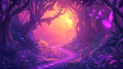Aufkleber - Magical sunset path through vibrant purple forest with glowing flora.
