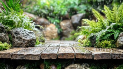 Aufkleber - Wooden path in a lush, rain-soaked garden with ferns and rocks.
