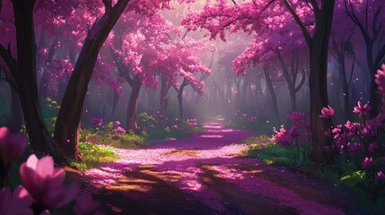 Aufkleber - Magical pink blossom forest path.