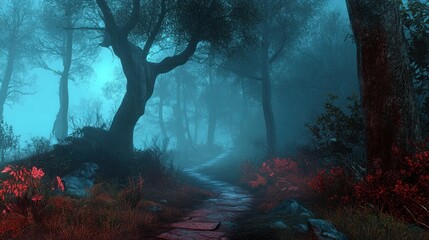 Aufkleber - Mystical path through a foggy, blue-lit forest at night.