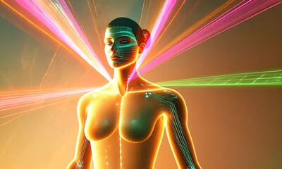 Sticker - Digital Consciousness: A Woman's Body Illuminated by Radiant Light Streaks