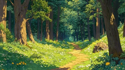 Poster - Sunlit path winding through a lush green forest with wildflowers.