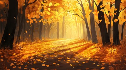 Poster - Sunlit path through autumn forest with golden leaves.