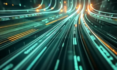 Wall Mural - abstract digital data stream: turquoise and orange pathways of information